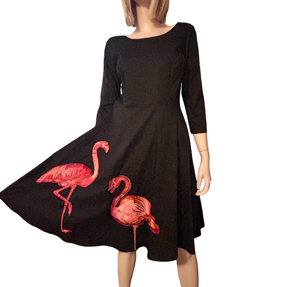 Sucrefas Dress Black ¾ Sleeve Vintage Inspired Flamingo appliqué Circle Skirt